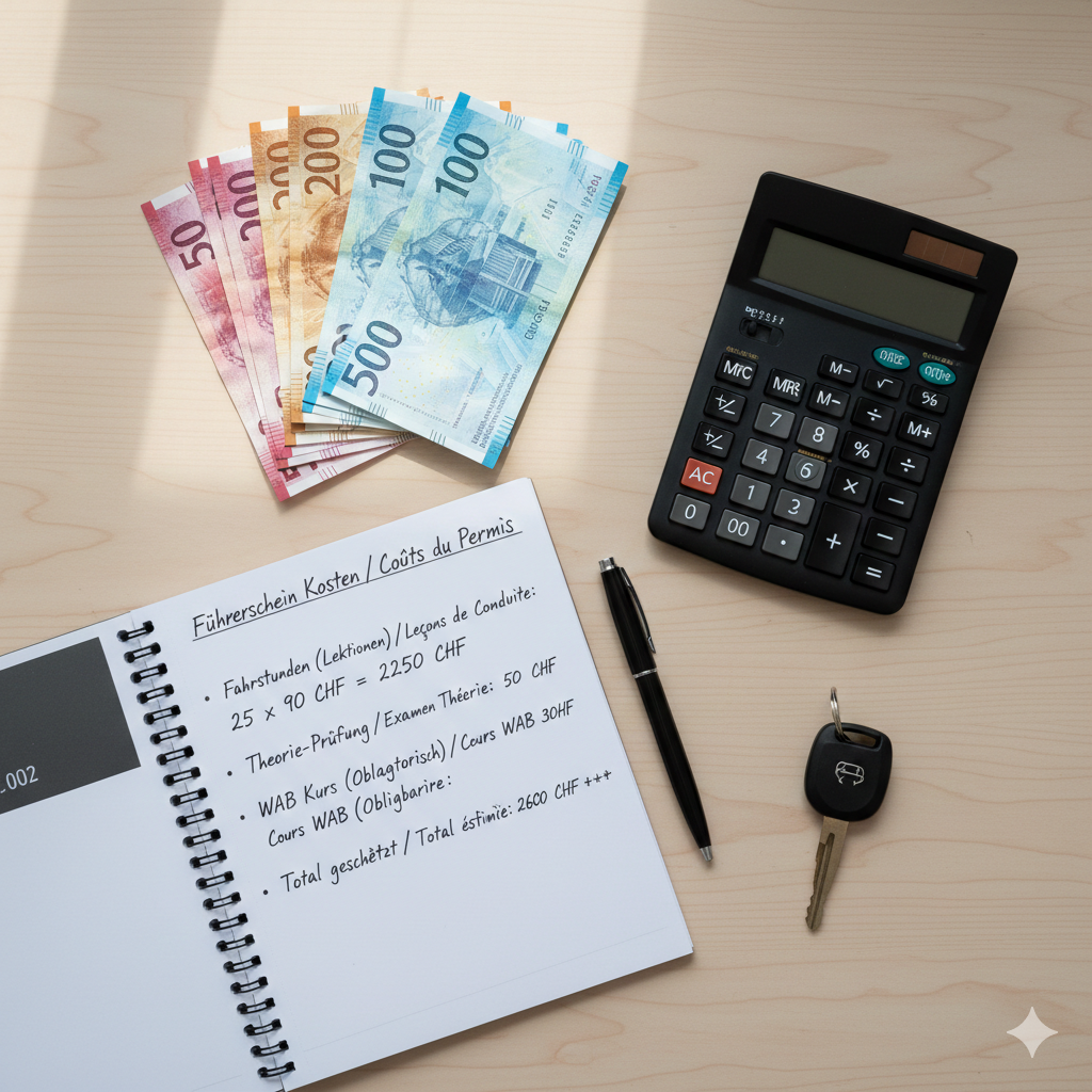 Cost concept for Swiss driving license with calculator and CHF notes