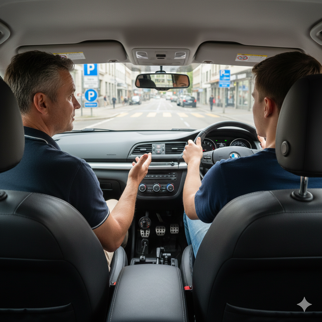 Practical driving lesson with instructor in Swiss city traffic