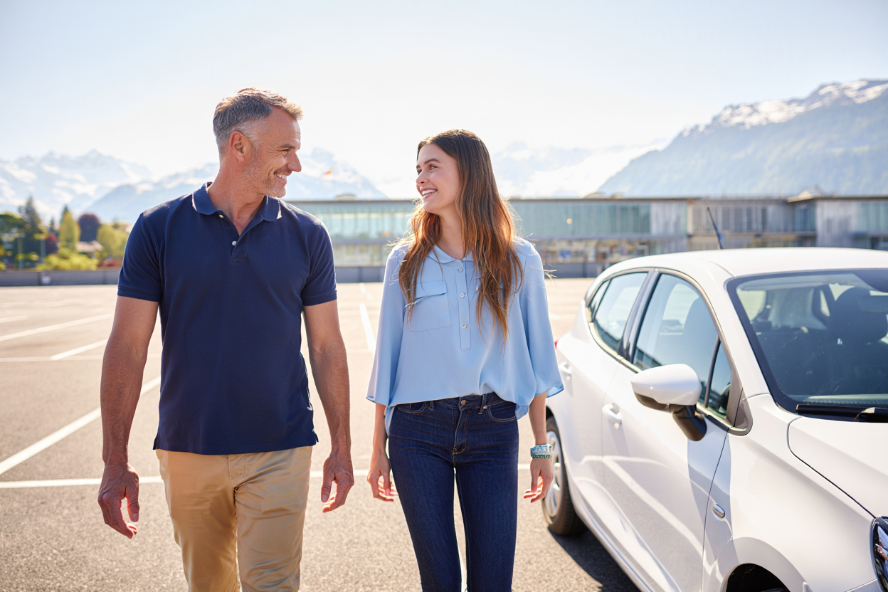 Instructor and learner at AZUL Driving School Fribourg — car and motorcycle courses available