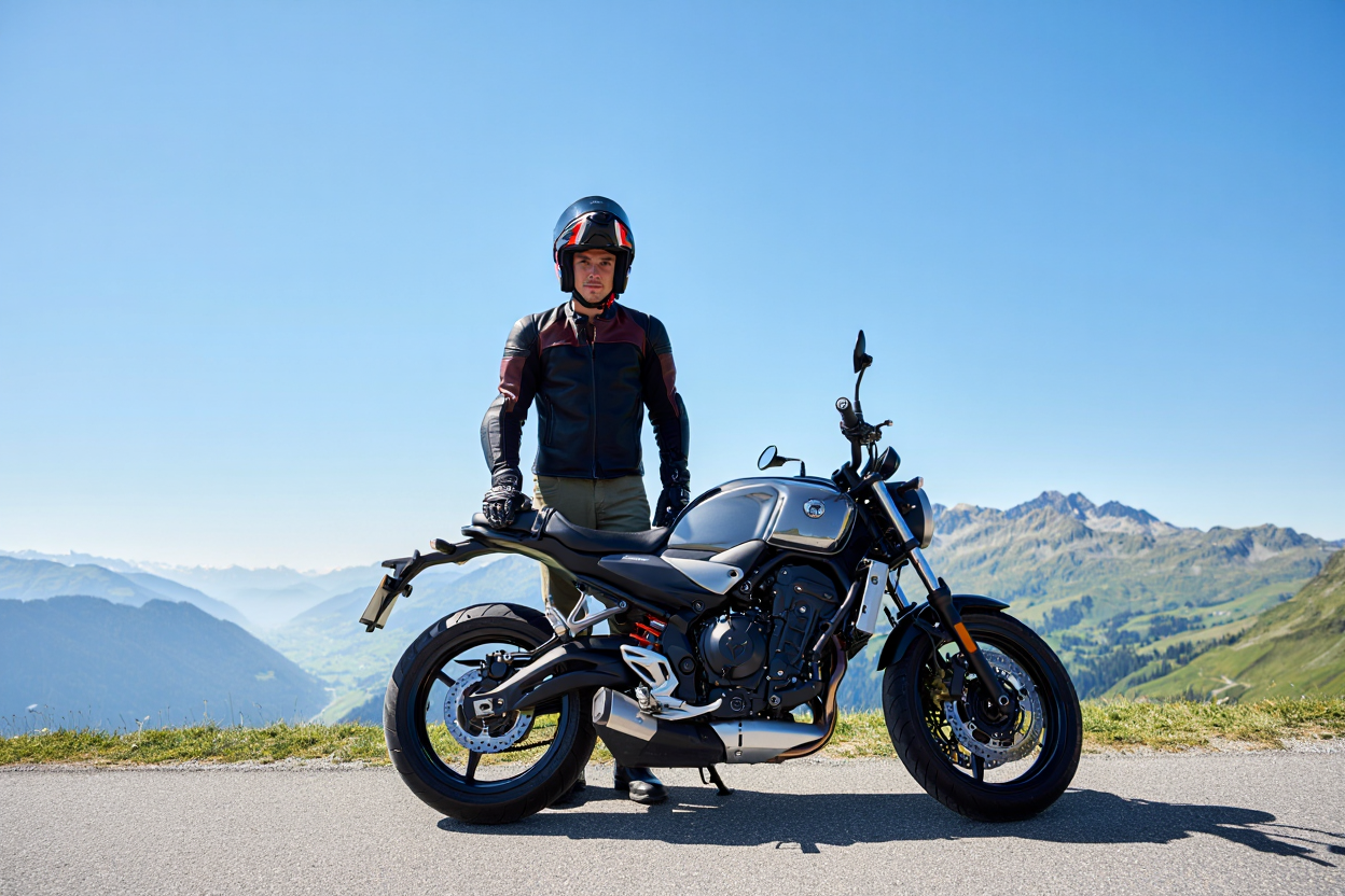 Young rider with A2 motorcycle licence on a Swiss road — AZUL Driving School Fribourg