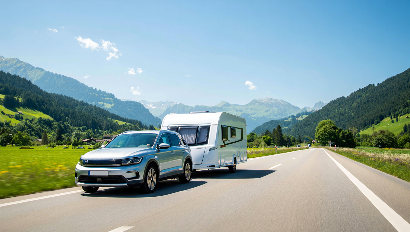 Car with caravan trailer on a Swiss road — category BE AZUL Driving School Fribourg