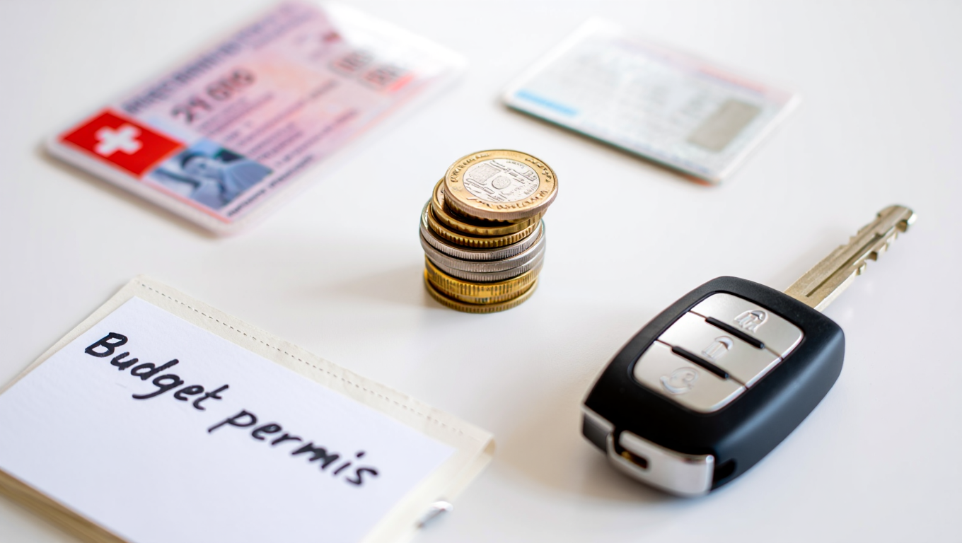Cost breakdown for a Swiss driving licence 2026 — CHF coins, car key and notebook (flat lay)